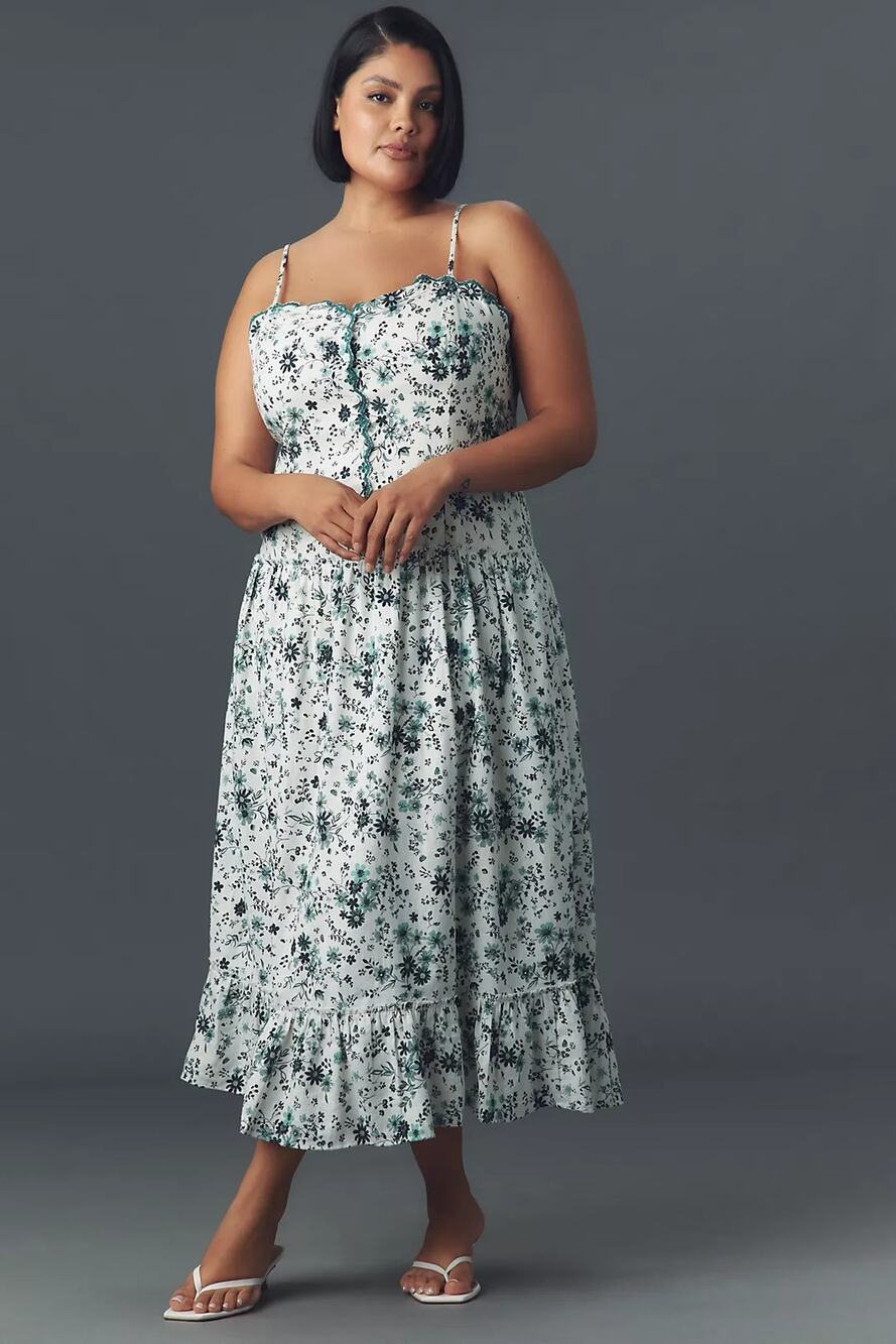 NWT Anthropologie Sleeveless Drop-Waist Midi Dress $188 PLUS 1X Green Floral